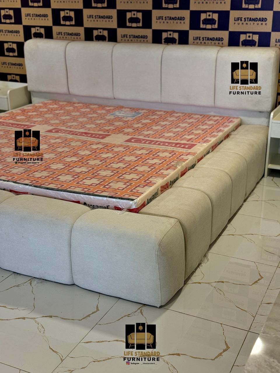 Luxury Upholstered Bed Set with Deco Side Tables lamp Dressing Table